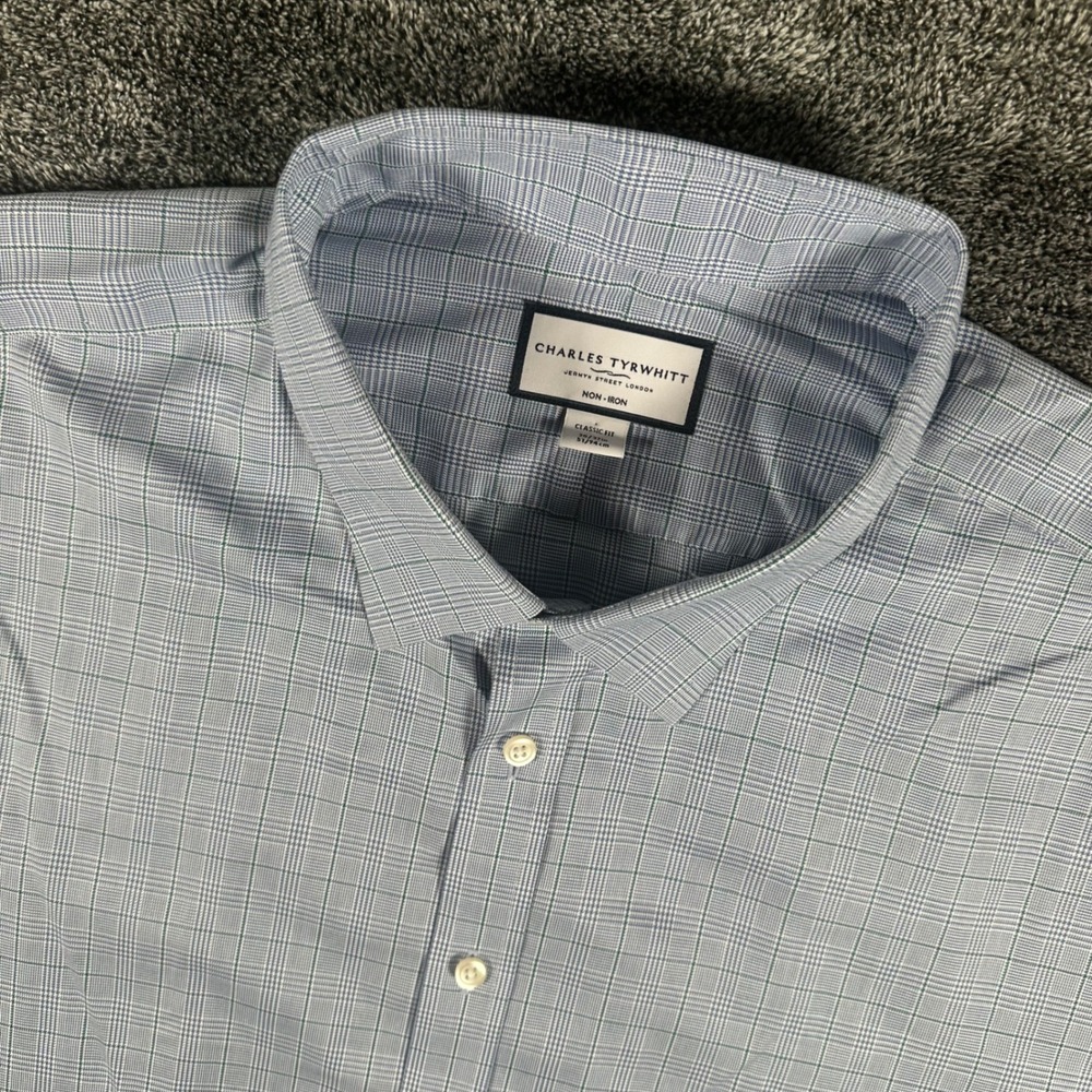 Charles Tyrwhitt Dress Shirt Mens 20/37 Classic Fit Blue Plaid Non-Iron Cotton